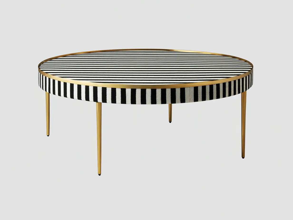 Mesa de centro 98x98x36 cm - negro y blanco - tejido y metal dorado - estilo gráfico para salón