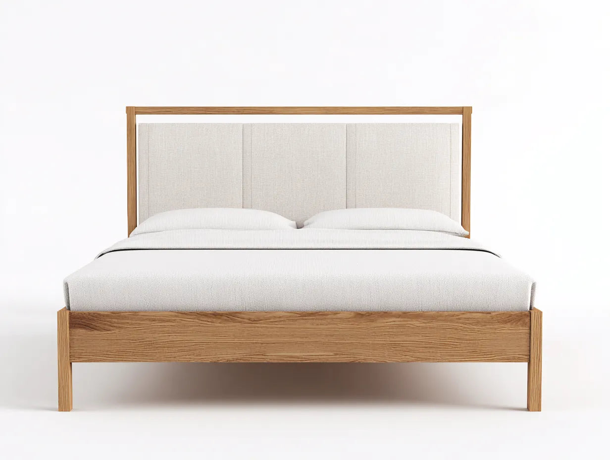 Cama doble de madera y textil para dormitorio 210 x 170 x 110 cm - roble claro y beige - cabecero panelado
