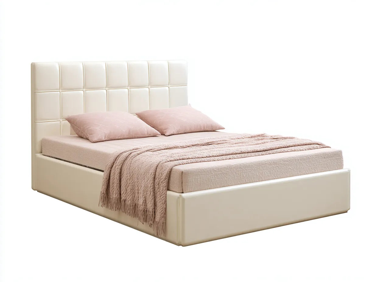 Cama doble tapizada para dormitorio 208 x 168 x 120 cm - crema - cabecero geométrico acolchado