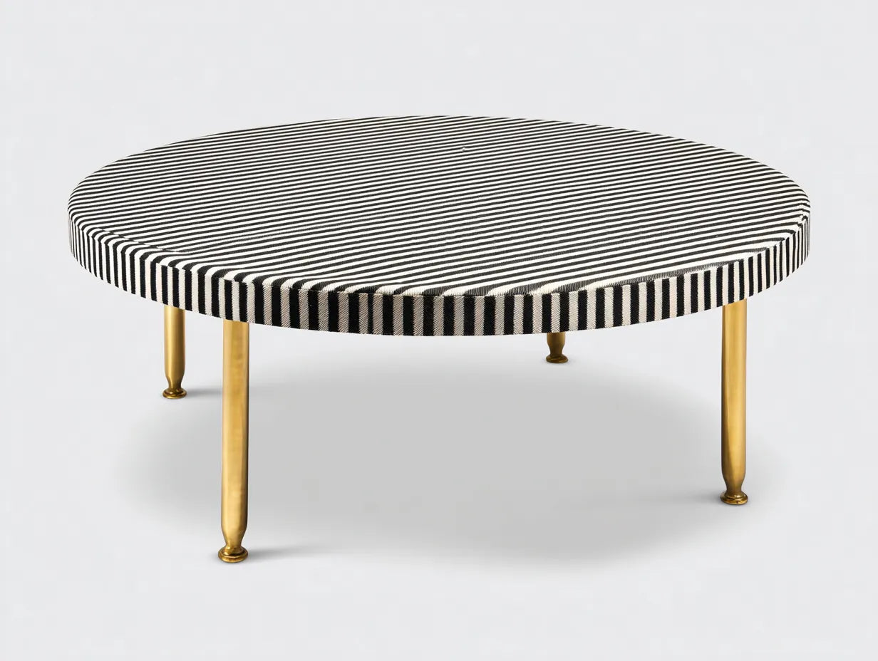 Mesa de centro 102x102x33 cm - negro y blanco - tejido y metal dorado - mesa redonda ornamental para salón