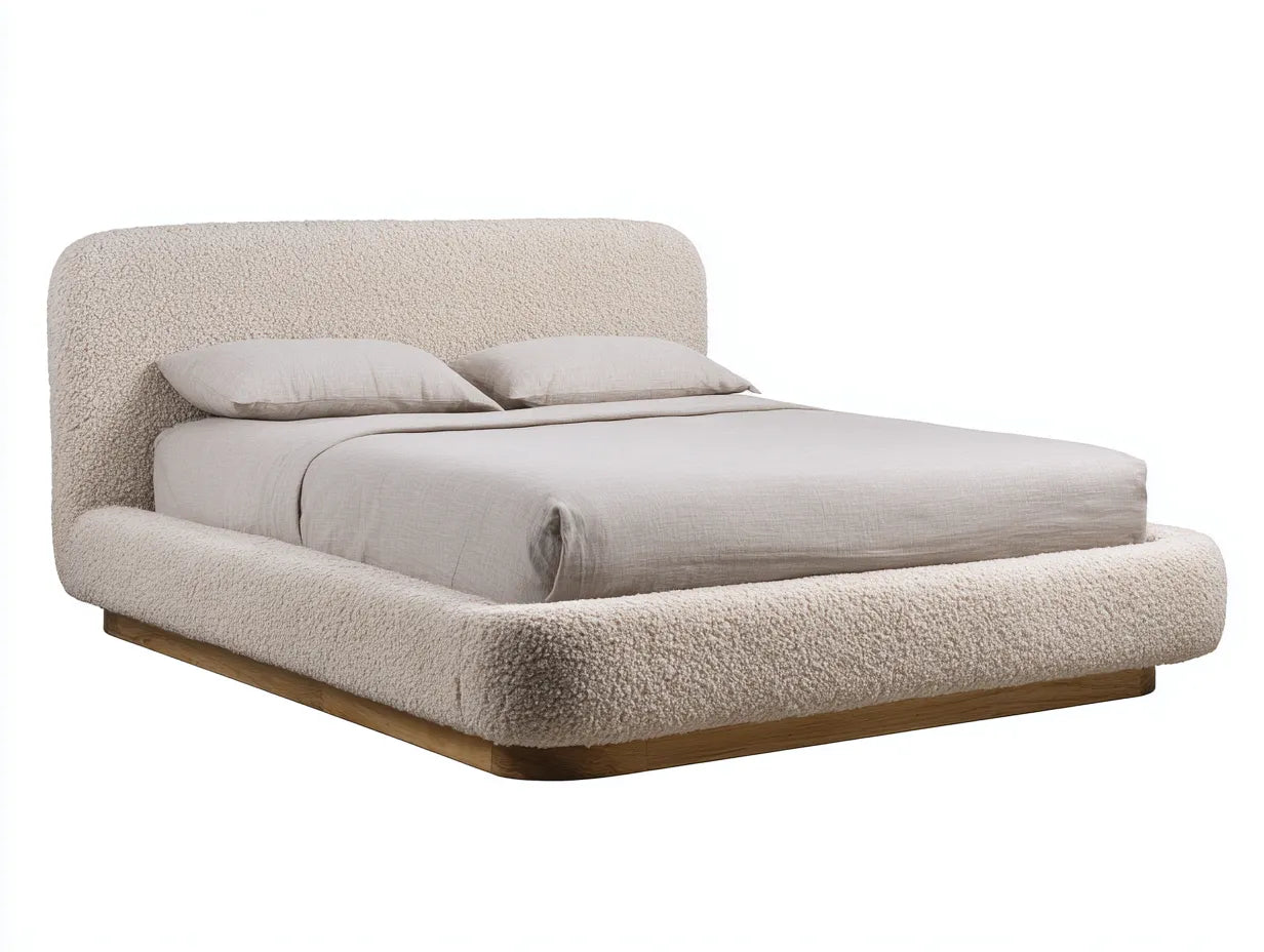 Cama doble tapizada para dormitorio 210 x 190 x 95 cm - blanco roto y roble - diseño envolvente bouclé