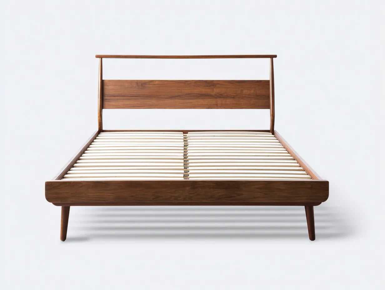 Cama doble de madera para dormitorio 215 x 175 x 95 cm - nogal - diseño mid-century con lamas vistas