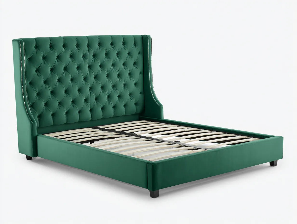 Cama doble tapizada para dormitorio 215 x 175 x 145 cm - verde esmeralda - cabecero capitoné con alas