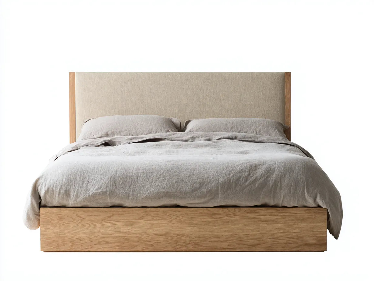Cama doble tapizada para dormitorio 212 x 168 x 110 cm - beige claro y roble - cabecero textil minimalista